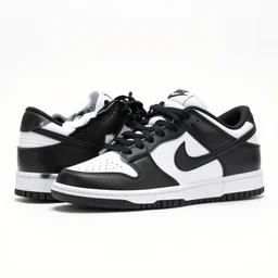 a press photograph of nike dunk low black and white, size 1 0, white background
