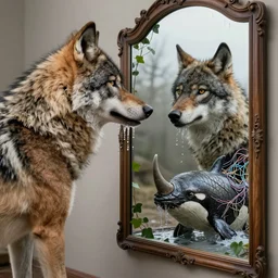 a portrait photo of a merged bird wolf morphing human watching mirror in a mirror in animal skin leather, grown together mirror reflection with spotted fur gills reflecting orca rhino scales, merged mirror reflection wires electronic ivy roots, morphing water drippings ice