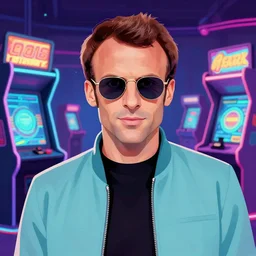 portrait of synthwave 8 0 s handsome confident emmanuel macron wearing sun glasses, retrowave, arcade, digital art, greg rutkowski, loish, rhads, beeple, makoto shinkai and lois van baarle, frank miller, ilya kuvshinov, rossdraws, tom bagshaw, glamour pose, alphonse mucha, - h 6 4 0