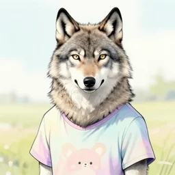 Beautiful portrait of an anthro anthropomorphic  wolf wearing a cute pastel shirt Summer Atmosphere. detailed, inked,