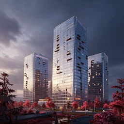 a beautiful detailed render of multi - family city building by ron walotsky, at dawn wilderness nature made of glass dramatic lighting landscape postcyberpunk nightsky rainy darkacademia uv light alien retro infrared, archdaily, wallpaper, highly detailed, trending on artstation.