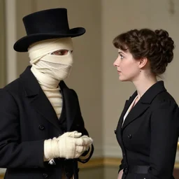 a mummy in victorian clothes hat has an intimate conversation with a woman in victorian clothes, watercolor graphic novel style by alan lee and john howe, style of professors daughter
