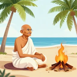 gandhi sitting on a beach next to a campfire with palm trees in the back, holding a cigar, sunset, surrounded by different animals, parrots, turtle, lizard, crab, coconuts,, glorious lighting, epic environment, highly detailed, digital art, hyper realistic, beautiful, 8 k