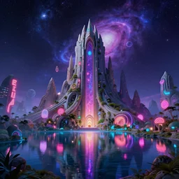 architecture by mike winkelmann, magic realism elysian azeroth scumm bar alien lake neon signs retrowave cosmic universe, archdaily, wallpaper, highly detailed, trending on artstation.