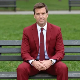 andy richter wearing a brick red suit and necktie, sitting on a park bench holding a sandwich, he his balding. golden hour afternoon