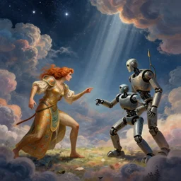 2 b nier automata fighting a robot, art by moebius, starry sky, gorgeous clouds, god rays, fantasy art, octane render, ureal engine, high detail, alphonse mucha, greg rutkowski, james gurney, johannes voss