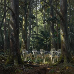 painting of forest with wolves hidden in the trees in the style of bev doolittle