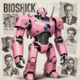 pink mech robot - aesthetic, 4 k, acrylic paint style, pencil style, torn magazine style, pop art style, bioshock style, by mike swiderek, jorge lacera, ben lo, tyler west, ultrarealistic, sharp focus, intricate
