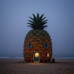 an lonely big pineaple house in the beach, fog, mid night, 2000s photo