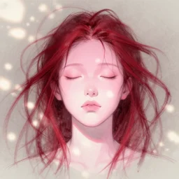 portrait of pale pink face with closed eyes with hair made thick dark red flowing ribbons, sketch illustration, soft glow, dappled light, portrait art, backlit, indie studio, fantasy, rim lighting, pastel shades, powerful, emotional, powerful, epic composition, noise, texture, rule of thirds, dappled light,