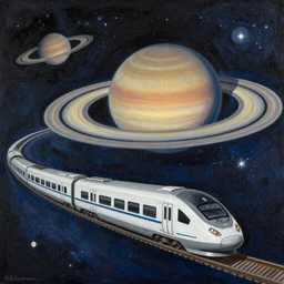 a mixed media portrait painting of a space train traveling between the stars, with the rings of saturn in the distant background