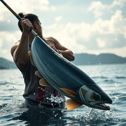 photography of kiryu from the yakuza games fishing, hyper realistic, 4 k, beautiful day