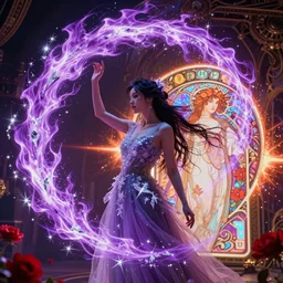 she dreams of arcs of purple flame intertwined with glowing sparks, glinting particles of ice, dramatic lighting, steampunk, bright neon, secret holographic cyphers, red flowers, solar flares, intricate art by alphonse mucha and greg rutkowski and ruan jia