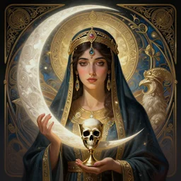 symmetry!! portrait of the arabian goddess manat, religious, intricate, waning moon, cup of death, highly detailed, dynamic lighting, digital art, digital painting, artstation, wlop, sharp focus, illustration, art by artgerm and greg rutkowski and alphonse mucha, 8 k
