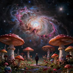 sky of space nebula over the psychedelic mushroom garden at the end of the universe, trippy, mind - bending, masterpiece by zdzisław beksinski or conrad roset, tom whalen, mark ryden, chip zdarsky, dramatic lighting, strong shadows, volumetric, cinematic atmosphere, octane render, artstation, 8 k, hdr, hd