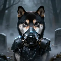 gas mask black armor, anthropomorphic shiba inu, shiba inu face, stuning 3 d render, masterpiece, glowing black aura, foggy dark graveyard, by donato giancola and greg rutkowski and wayne barlow and zdzisław beksinski, realistic face