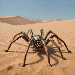 a painting of a mechanical spider in the desert, by moebius, jean giraud & kilian eng
