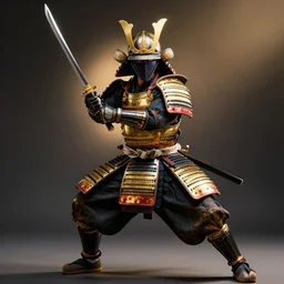a studio photography of samourai wearing gold and black armor, fighting position with lighting katana , ultra detailed intricate ornate, dramatic backlighting