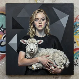 Elle Fanning holding a lamb picture by Sachin Teng, asymmetrical, dark vibes, Realistic Painting , Organic painting, Matte Painting, geometric shapes, hard edges, graffiti, street art:2 by Sachin Teng:4
