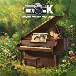 A painting of an old piano in the middle of a garden by Hayao Miyazaki, 8K concept art, dreamy, garden, bushes, flowers, golden hour, vintage camera, detailed, UHD realistic faces, award winning photography, cinematic lighting