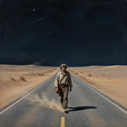 a man in rags walking down a road with no end, night sky, desert on either side, crosswinds stirring up sand and gravel, a few stars, starlight, complexly structured, surreal, dadaist painting, pioneering art, highly detailed, by max ernst, man ray, jean arp, sophie taeuber - arp, raoul hausmann,