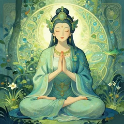 peaceful content gardenpunk bodhisattva, praying meditating, greens and blues, intricate clothing, WLOP digital art artstation, portrait art by artgerm and greg rutkowski and alphonse mucha