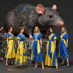 group of ukrainian girls with blue and yellow clothes near big dead monster rat, concept art, trending on artstation, highly detailed, intricate, sharp focus, digital art, 8 k