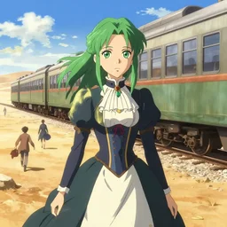 makoto shinkai, artgerm, ilya kuvshinov, steampunk beautiful anime woman, victorian dress, green hair, symmetrical face, symmetrical eyes, action scene, yoji shinkawa, train in the desert, detailed, summer setting, cinematic lighting
