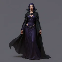 Fantasy portrait, Necromancer, female, dark garments, dark pruple robes, midriff, Black cloak from neck to ankles, pin-up, detailed sculptured face, matte painting, artstation