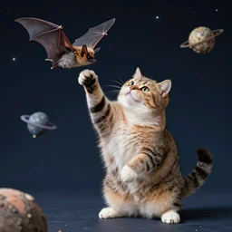 A morbidly obese house-cat catching a bat in space