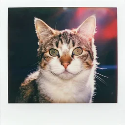 analog vintage photography portrait polaroid of a cute cat, bright light, lensflare, reflection, red color bleed, heavy film grain, bloom, glow