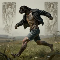 tattooed panther wearing a jacket and ripped shorts running and dancing in a field, character sheet, character design, contrast, deep focus, turnaround, highly detailed, dramatic lighting, digital painting, artstation, concept art, matte, sharp focus, illustration, elegant, art by artgerm and greg rutkowski and alphonse mucha.