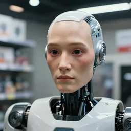 photo of a humanoid robot in a store display hiding a dark secret, synthetic skin, highly detailed face, expressive face, cyberpunk, year 3022, medium close-up, depth of field, ISO 300, aperture f11, 1/100 obturation speed