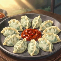 anime dumplings with chilli sauce made by hayao miyazaki, ghibli art style