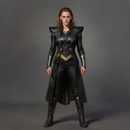 Kristen Stewart dressed as Loki, photorealistic digital painting, full body and costume portrait