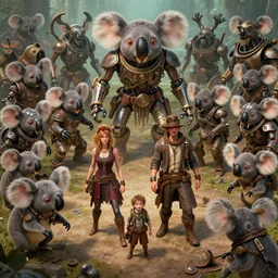 steampunk family fighting a horde of crazy killer cyborg lovecraftian koalas, 3d scene, render, ultra realistic, zenith view, Greg Rutkowski, artstation, cgsociety, unreal engine, ray tracing, detailed illustration, hd, 4k, digital art, overdetailed art, concept art, complementing colors, Trending on artstation, deviantart