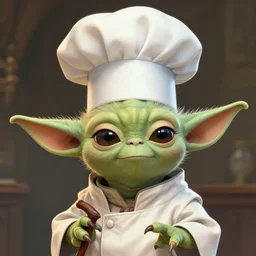 portrait of cute young yoda as a chef cook with a chef hat, intricate, elegant, highly detailed, digital painting, artstation, concept art, smooth, sharp focus, illustration, art by artgerm and greg rutkowski and alphonse mucha, 8 k