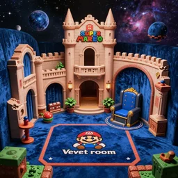 the ruins of peach castle lobby, Super Mario 64, It would take place in space, with nebulas and stars in the background but with like, barely any walls inside, floating around in the space area, it would have a velvet blue aesthetic too, The logo on the carpet would be velvet room logo and there would be a throne in the room as well with a dark gray and blue aesthetic