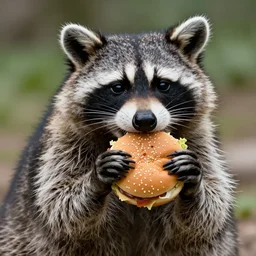 very fat raccoon eating a hamburger, high quality photo, 4 k, hd, highly detailed