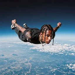 Travis Scott flying over Earth, 4k, Aubrey Powell, beautiful cinematography, surreal, film grain