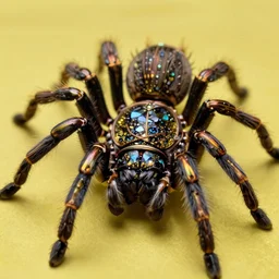 high quality close-up photo gothic pearlescent tarantula! jewelled gorgeous! highly detailed david ligare elson peter cinematic yellow neon lighting high quality low angle hd 8k sharp shallow depth of field