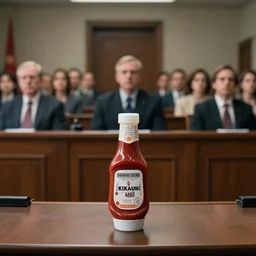 film still of a bottle of ketchup sitting at a courtroom desk testifying in court | a crowd of people sitting behind it in the new sci - fi movie