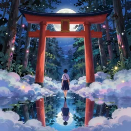 touhou walking in a cloud pond forest, giant torii gate, dreamscape, cinematic, shooting stars, mirror reflection, midnight, moon, vibrant colors, anime illustration, award winning, 2 0 1 9 by makoto shinkai, pixiv fanbox