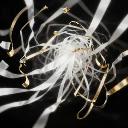 Storm of white ribbons and gold scrolls.