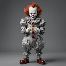 Pennywise the clown wearing a suit and holding a banknote in his hands, full body shot, highly-detailed