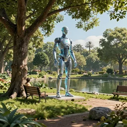 scifi movie scene ralph mcquarrie digital art of a holographic statue in an idyllic public park, elm tree, pond, sunny morning, unreal engine, hyper realism, realistic shading, cinematic composition, blender render, octane render, hdr, detailed textures, photorealistic, ultrawide shot, 3 5 mm film