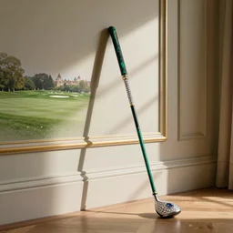 realistic beautiful hdr photograph of a royal golf club decorated with gemstones and a malachite handle, leaning against a fancy mansion interior wall