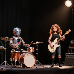 a beautiful electronic concert photo shot of a couple of threea toys figurines by ashley wood, octopus robots playing drums and fender telecaster guitar, black background, concert light, dark mood, warm lights