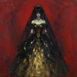 , a very soft and dark haunting oil painting portait of hatsune miku in a black golden wedding dress, tachisme, scarlet background, by georges mathieu and antonio saura, tachisme, lyrical abstraction, action painting, ethereal, evil presence, haunted painting, tachisme, low lighting, georges mathieu, tachisme painting