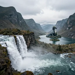 Mountains with huge waterfall and river on the bottom with water flowing to the right, on the right in the valley lake with small island, highly detailed large dragon sits on the island, matte painting, wide lens, overcast sky, ultra realistic, 4k, 8k resolution, trending on artstation, octane render, unreal engine, cinematic